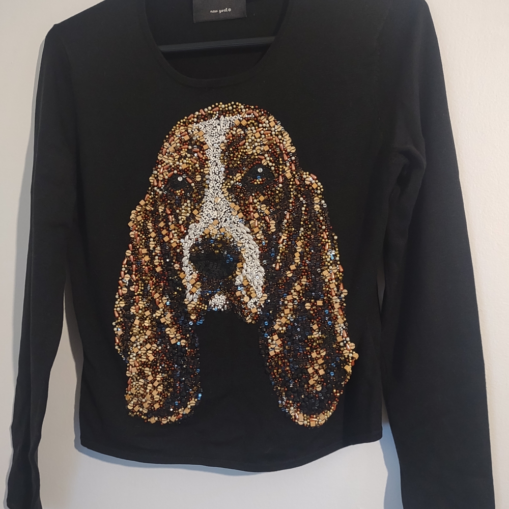 Sequin Dog Design Black Sweater